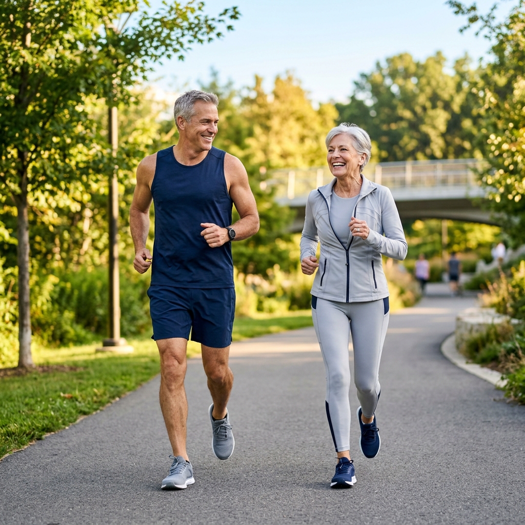 Adultos mayores activos entrenando y sonriendo al aire libre